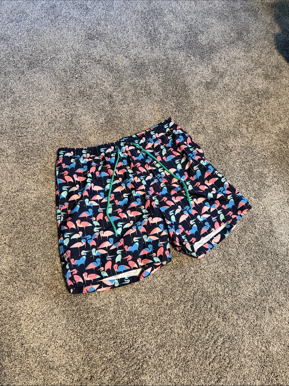 Club Room Navy Swim Trunks with Pink & Blue Flamingo Print
